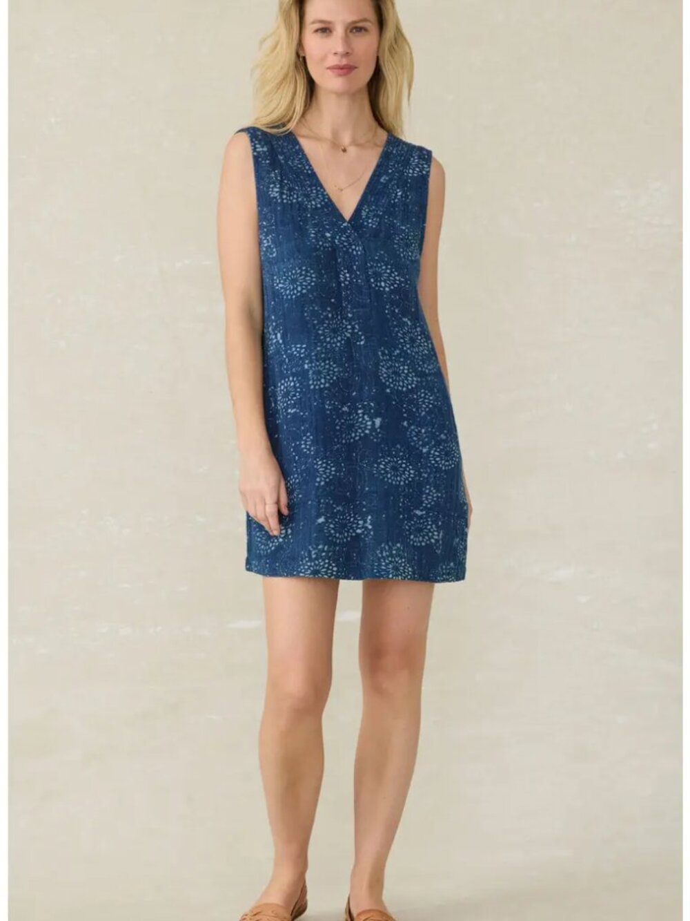 Faherty Azure Sleeveless Organic Cotton Minidress in Indigo Isle Print. Sz: XL